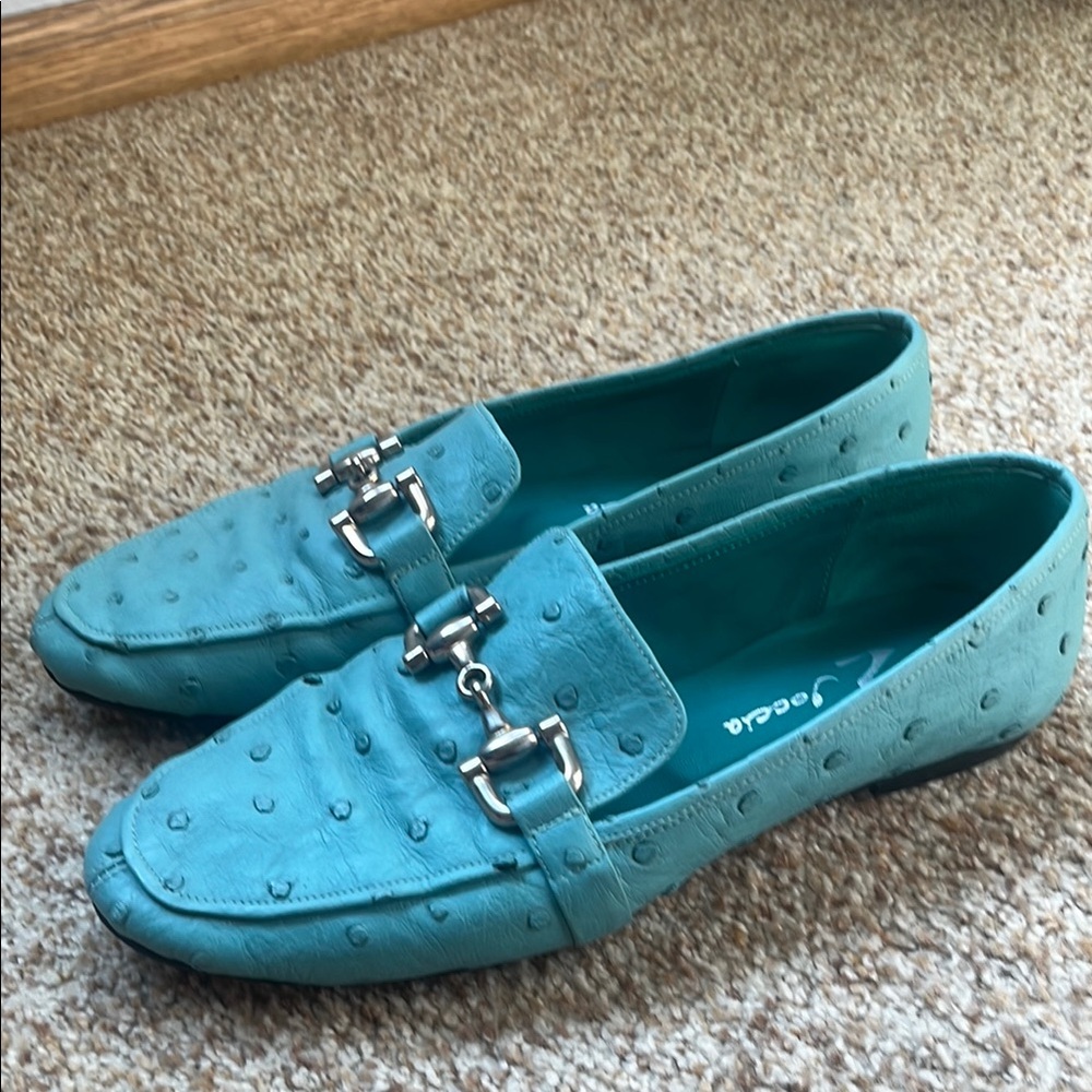 Turquoise Leather Bit Loafers - Women's Flats - Picture 4 of 7